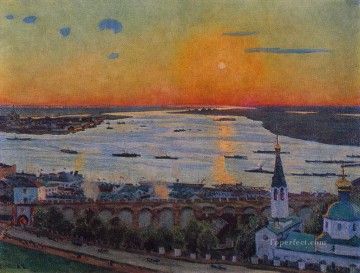 150の主題の芸術作品 Painting - ヴォルガ ニジニ ノヴゴロドの夕日 1911 コンスタンティン ユオン川の風景